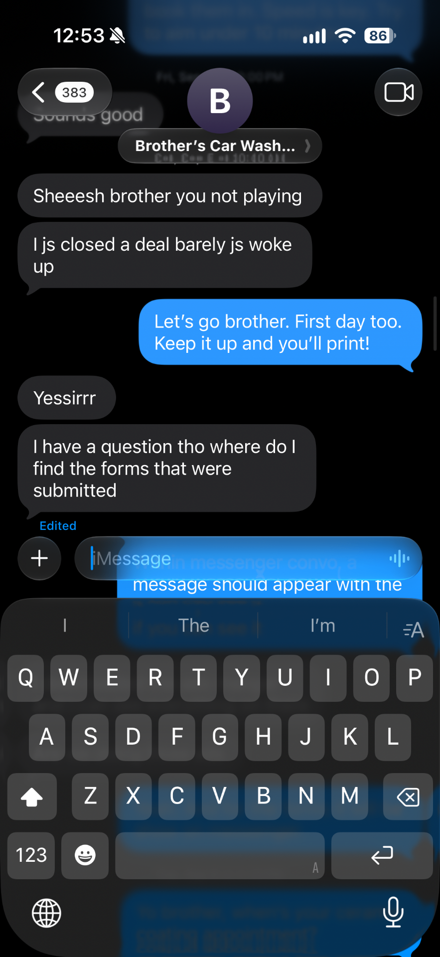 Text message from Brothers Car Wash Mobile Detailing saying they closed a deal the first day